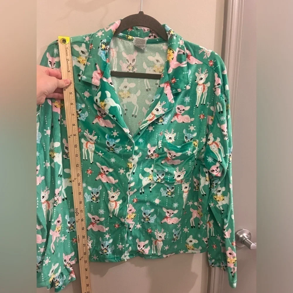 Girls XL 16-18 Holiday Pajama Top Button Down Deer Christmas Green Long Sleeve